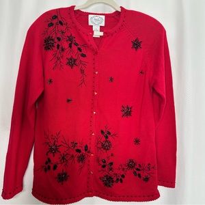 Stitches in Time red cardigan black beads floral embroidery